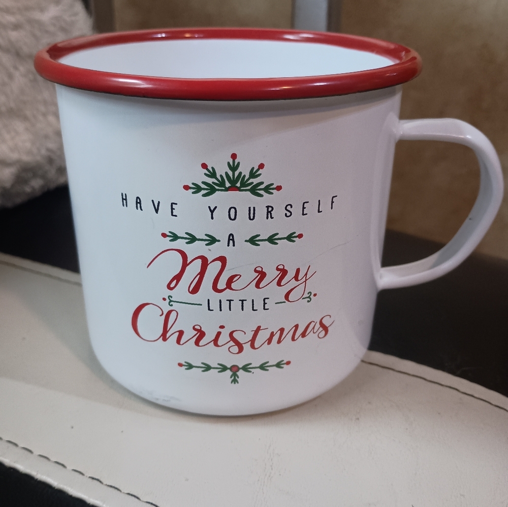 Robert Stanley Home Collection Festive Christmas Mug with Red Trim White Enamel